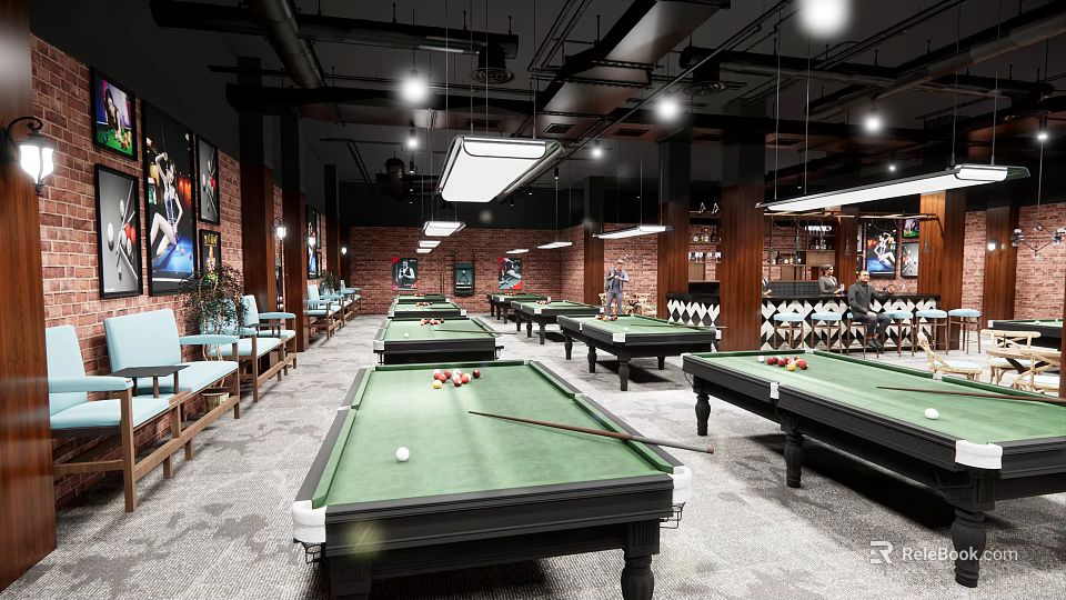 Spacious Billiard Room Interior With Multiple Tables Wall Posters Comfortable Seats And Hanging Lights 3d model 