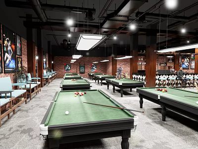 Spacious Billiard Room Interior With Multiple Tables Wall Posters Comfortable Seats And Hanging Lights 3d model