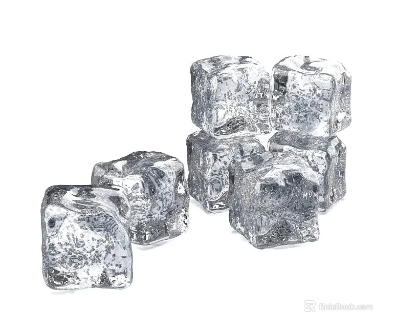 Clear Fresh Frozen Ice Cubes Stacked And Scattered On White Background 3d model 