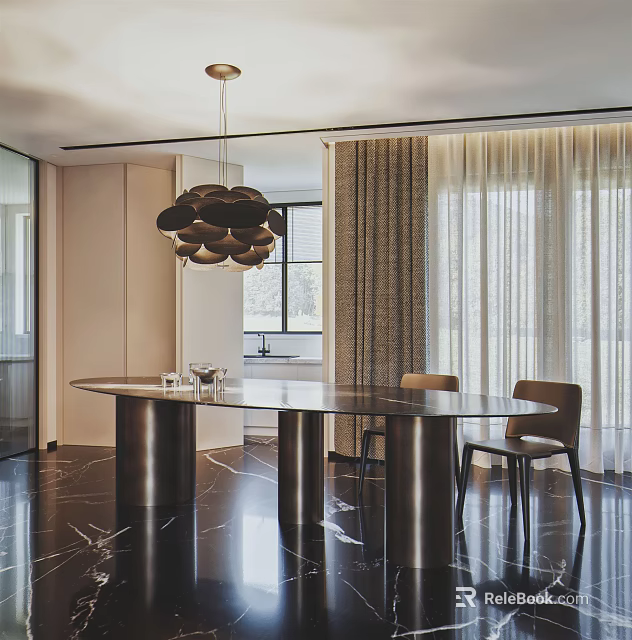 Modern Restaurant Interior Design With Round Dining Table Metal Chairs Pendant Light And Marble Floor 3d model 