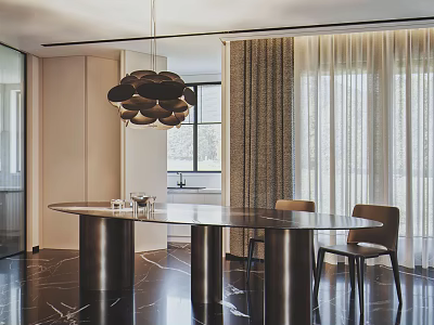 Modern Restaurant Interior Design With Round Dining Table Metal Chairs Pendant Light And Marble Floor 3d model