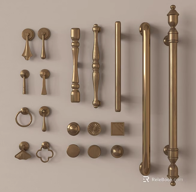 Brass Furniture Handles With Various Designs And Different Shapes For Cabinets 3d model 