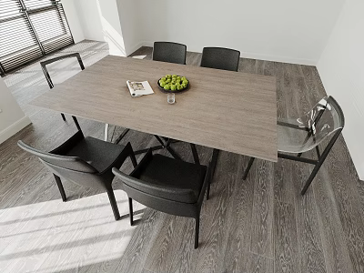 Modern Dining Table Set With Wooden Top Four Black Chairs Magazine And Fruit Bowl 3d model