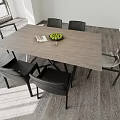 Modern Dining Table Set With Wooden Top Four Black Chairs Magazine And Fruit Bowl