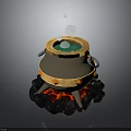 Household Cooking Cauldron On Burning Coals With Green Liquid Bubbles Red Flames And Orange Handles