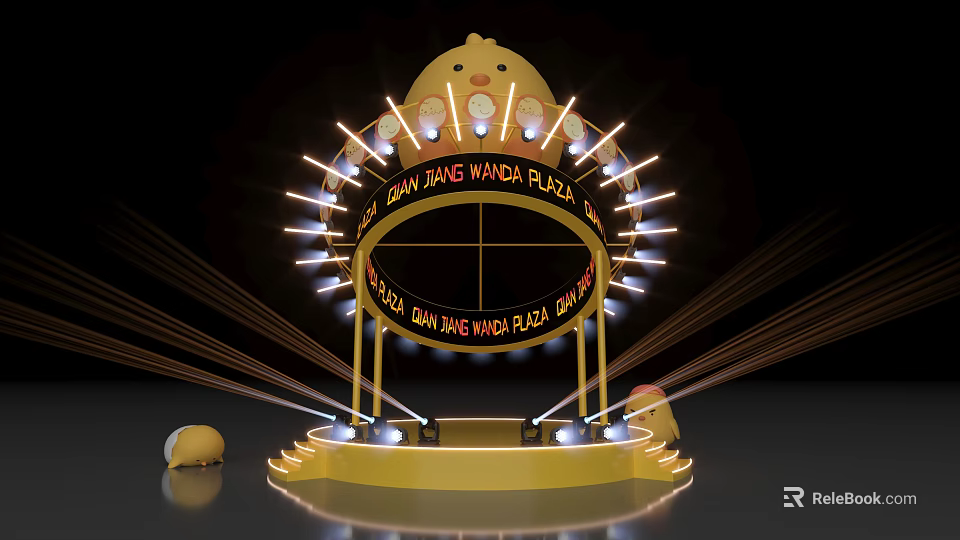 Decorated Golden Stage With Chicken Shaped Top And Surrounding Illuminated Lights 3d model 