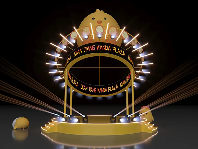 Decorated Golden Stage With Chicken Shaped Top And Surrounding Illuminated Lights 3d model