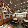 Traditional Sichuan Hot Pot Restaurant Interior With Wooden Tables Benches And String Lights