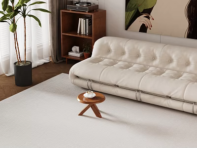 Modern Living Room Interior With Tufted Sofa Wooden Coffee Table Plant Bookshelf And Record Player 3d model