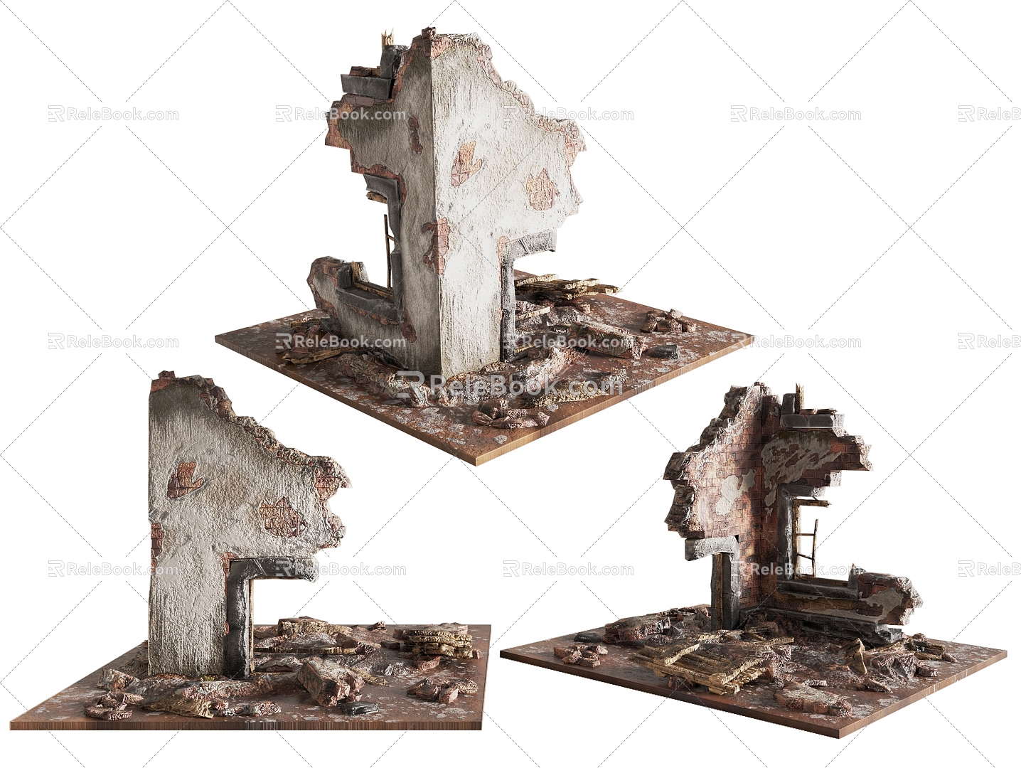 Damaged and dilapidated wall, ruin wall, scrap brick wall 3d model