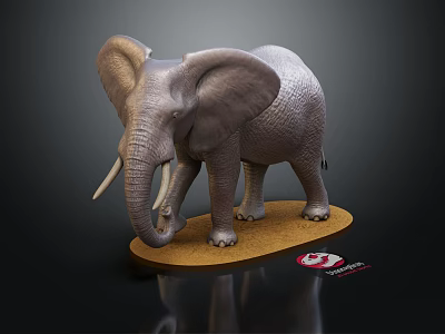 Detailed Realistic Elephant Model With Long Tusks Standing On Wooden Base 3d model