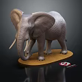 Detailed Realistic Elephant Model With Long Tusks Standing On Wooden Base