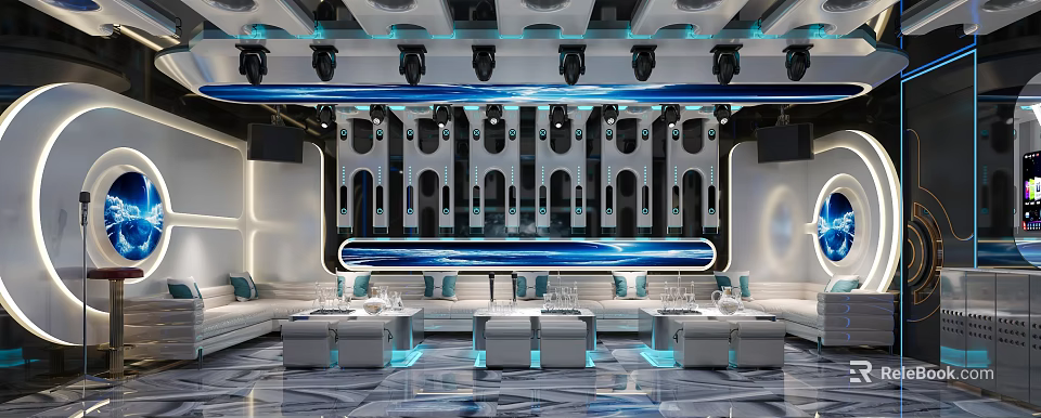 Modern Luxury KTV Interior Design With Futuristic Lighting Sofas And Bar Counter 3d model 