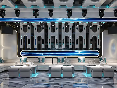 Modern Luxury KTV Interior Design With Futuristic Lighting Sofas And Bar Counter 3d model
