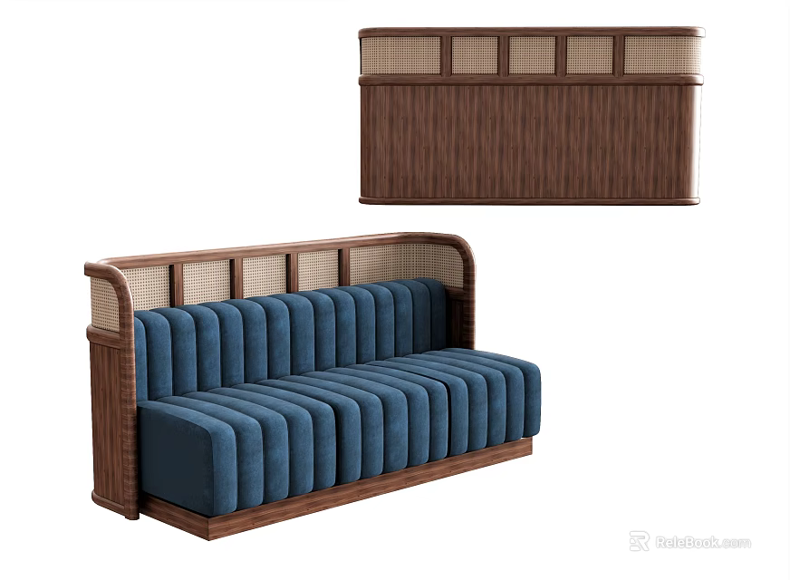 Blue Upholstered Sectional Sofa with Wooden Frame and Grid Pattern Backrest 3d model