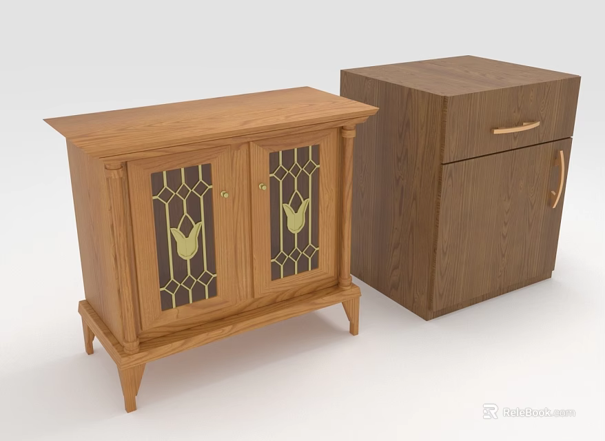 Wooden Console Cabinet With Glass Doors Floral Patterns Legs And Side Cabinet With Drawers 3d model 