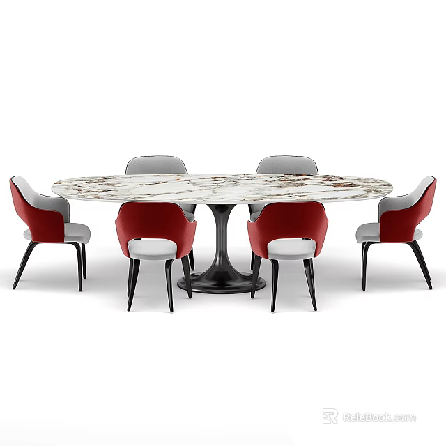 Modern Round Dining Table Set With Marble Tabletop And Red Chairs With Black Legs 3d model