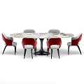 Modern Round Dining Table Set With Marble Tabletop And Red Chairs With Black Legs 3d model