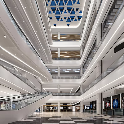 Shopping Mall Lobby With Modern Multi Level Design Glass Railings And Escalators 3d model