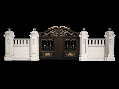 Elegant Black Wrought Iron Gate With Golden Decorations And White Pillar Lamps 3d model