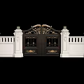 Elegant Black Wrought Iron Gate With Golden Decorations And White Pillar Lamps
