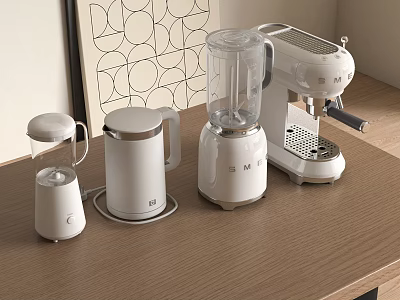 Stylish White Kitchen Appliances Including Kettle Blender Coffee Machine On Wooden Countertop With Geometric Art 3d model