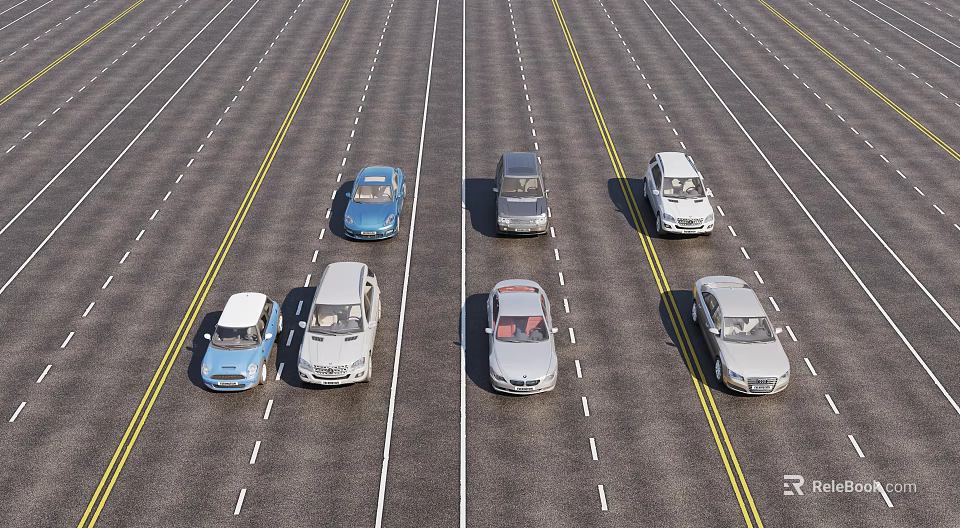 Various Cars Arranged on Road With Yellow Dividing Lines and Different Models 3d model 