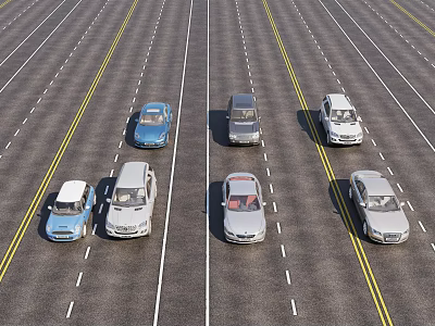 Various Cars Arranged on Road With Yellow Dividing Lines and Different Models 3d model