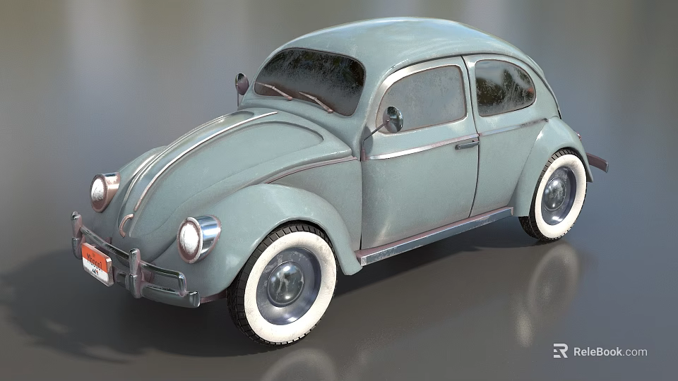 Light Blue Vintage Beetle Car With Curved Body And White Wall Tires 3d model 