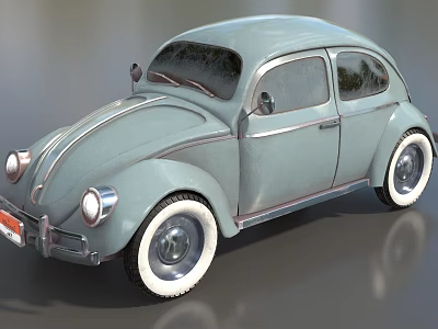 Light Blue Vintage Beetle Car With Curved Body And White Wall Tires 3d model