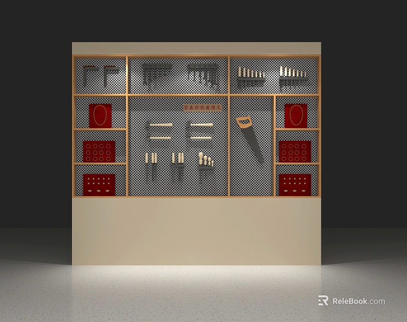 Assorted Hardware Tools Display Cabinet With Various Tools And Red Storage Boxes 3d model 