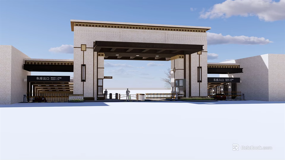 Traditional Chinese Entrance Gate With Decorative Top And Stone Columns Under Open Sky 3d model 
