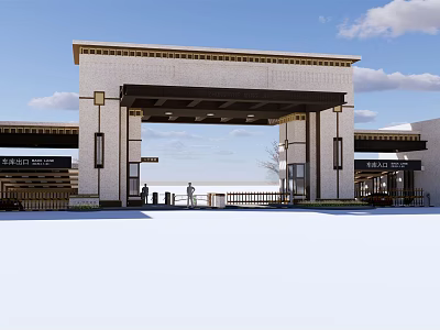 Traditional Chinese Entrance Gate With Decorative Top And Stone Columns Under Open Sky 3d model