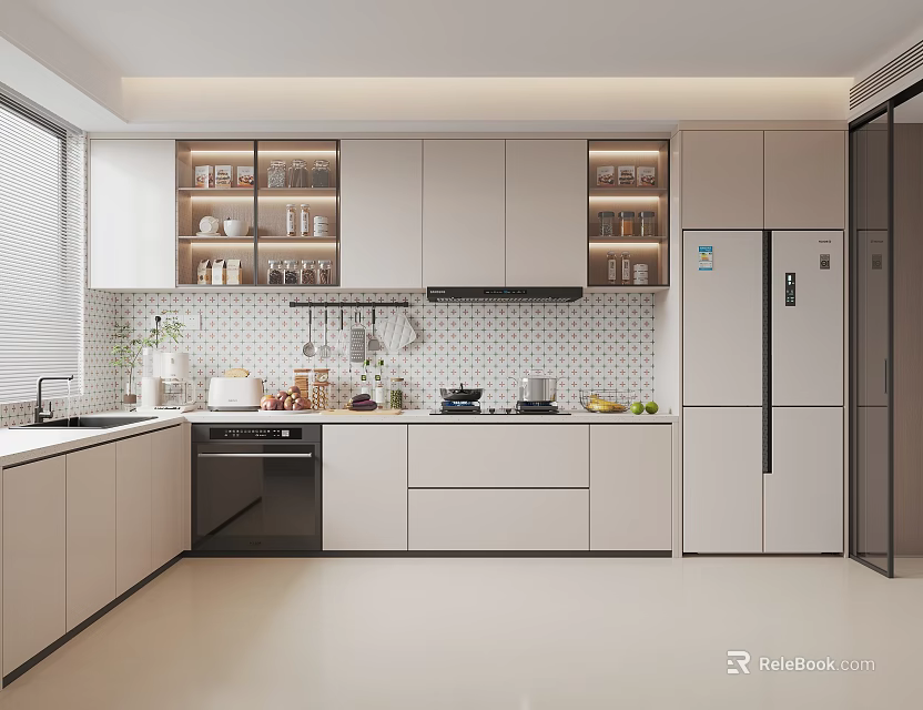 Modern Kitchen Interior With White Cabinets Countertop Refrigerator Storage Shelves And Appliances 3d model 