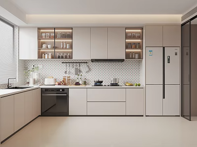 Modern Kitchen Interior With White Cabinets Countertop Refrigerator Storage Shelves And Appliances 3d model