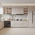 Modern Kitchen Interior With White Cabinets Countertop Refrigerator Storage Shelves And Appliances