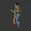 Dancing Couple In Colorful Dress And Green T Shirt With Jeans On Gray Background