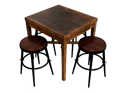 Four High Rustic Stools With Brown Wooden Seat Black Metal Legs And Square Table 3d model