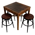 Four High Rustic Stools With Brown Wooden Seat Black Metal Legs And Square Table