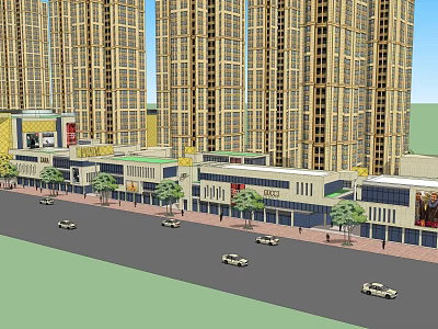 Bustling Commercial Street With Tall Buildings Shops Cars And Trees On Road 3d model