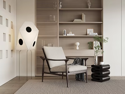 Modern Leisure Sofa Set With Linen Upholstered Armchair Wooden Bookshelf And Floor Lamp 3d model