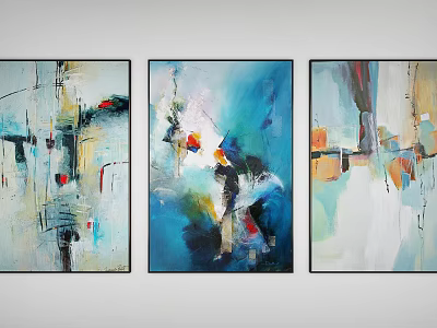 Three Modern Abstract Paintings Hanging On Wall With Colorful Brush Strokes 3d model