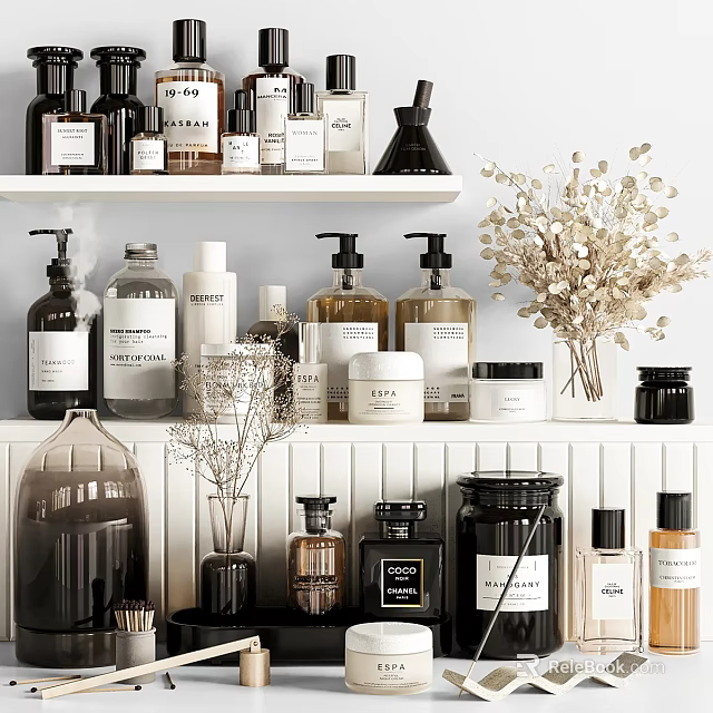 Modern Neat Bathroom Accessories With Bottles Jars And Branches 3d model