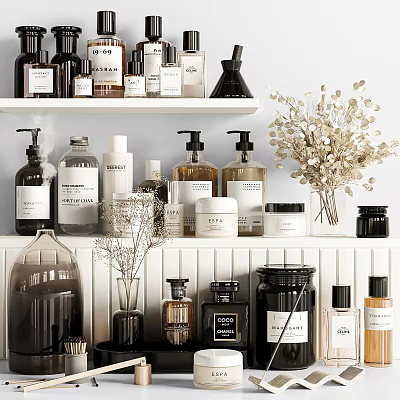 Modern Neat Bathroom Accessories With Bottles Jars And Branches 3d model