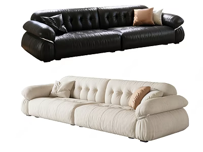 Stylish Black and Cream Leather and Fabric Two-Seater Sofa with Tufted Design and Decorative Pillows 3d model