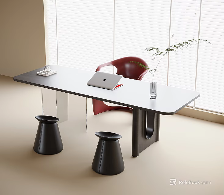 Modern Desk With Laptop Book Vase With Plant Red Chair Black Stools By Window Blinds 3d model 