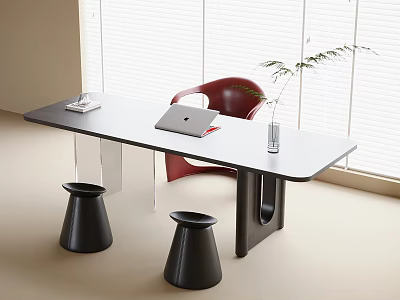 Modern Desk With Laptop Book Vase With Plant Red Chair Black Stools By Window Blinds 3d model