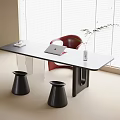Modern Desk With Laptop Book Vase With Plant Red Chair Black Stools By Window Blinds