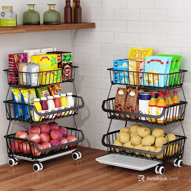 Multi Tier Wheeled Kitchen Storage Racks With Baskets For Grocery Storage 3d model 
