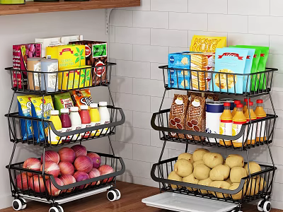 Multi Tier Wheeled Kitchen Storage Racks With Baskets For Grocery Storage 3d model